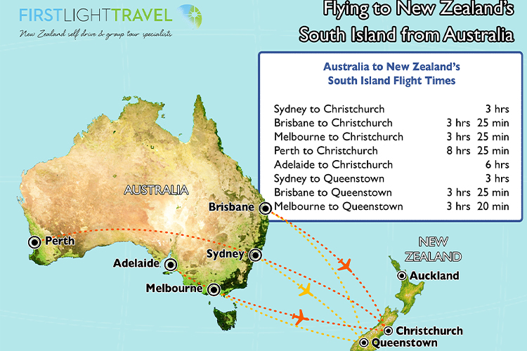 Map showing flight routes into New Zealand from Australia.