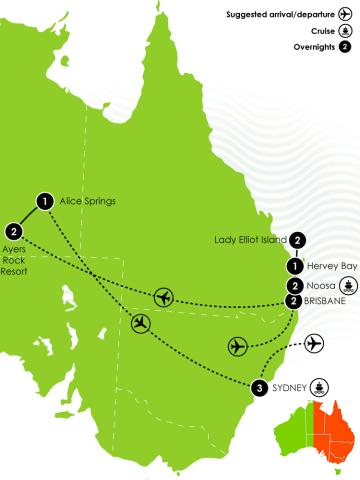 14 Day Brisbane to Sydney Wanderer Self Drive/ Fly Tour Large Map