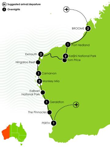 Tour Map: Untamed Pilbara & West Coast