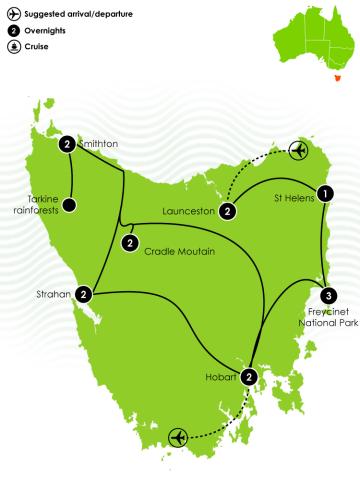 Tour Map: 14 Day Top Tasmania Getaway Itinerary