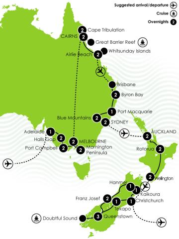 Map of Itinerary for G Adventure - Best of Down Under: Australia & New Zealand 