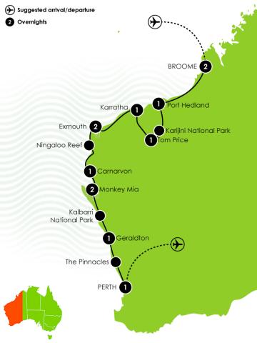 Tour Map: 13 Day Untamed Pilbara & West Coast