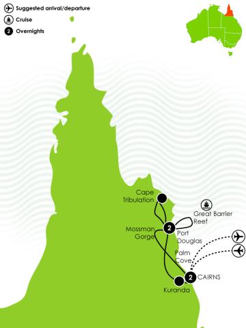 Tour Map Best of Cairns, Great Barrier Reef & Daintree