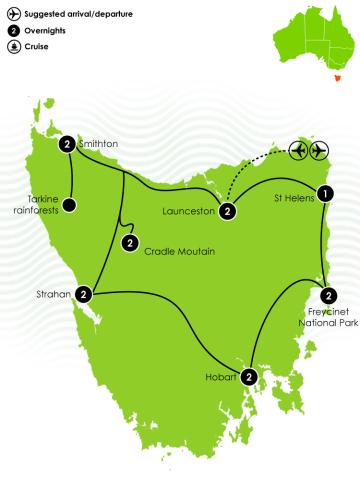 Tour Map: 14 Day Top Tasmania Getaway Itinerary