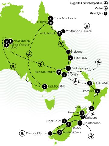 Tour Map G Adventure - 38 Day Australia to NZ: Best of South Pacific